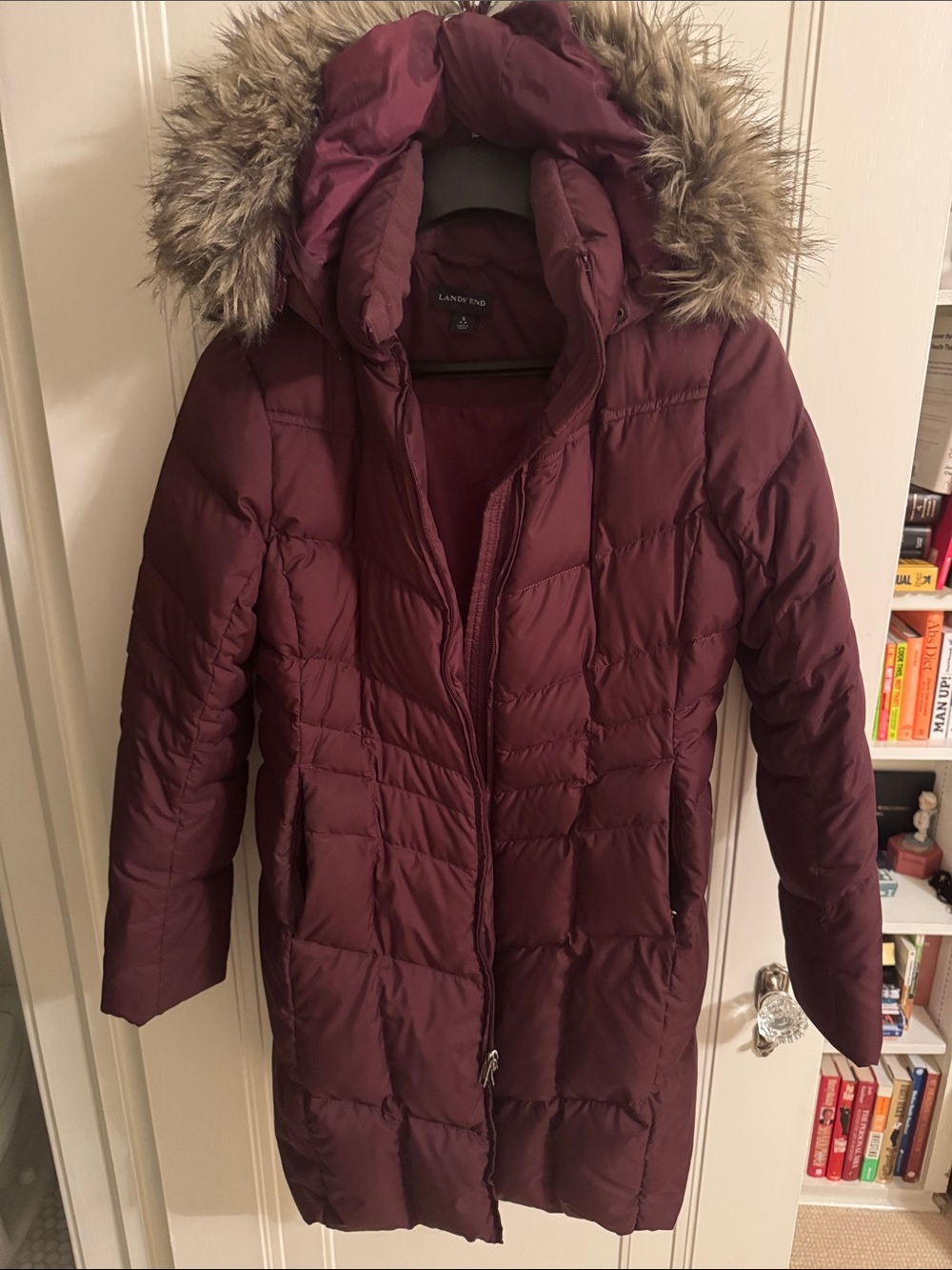 Lands' End Women's Wine Quilted Puffer Coat with Faux Fur Trimmed Hood